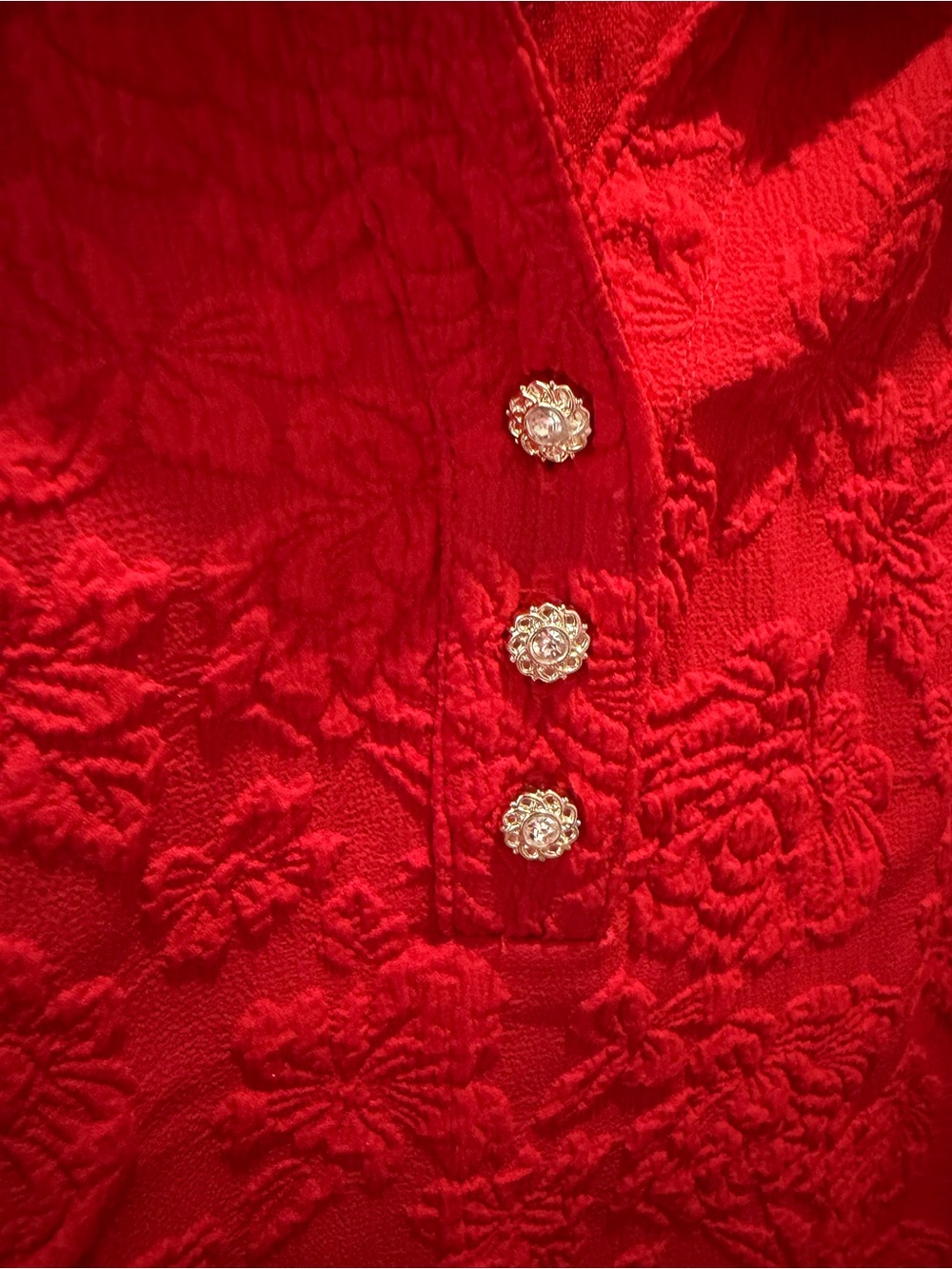 Textured Red Ruffle-Collar Blouse with Button Placket - Picture 2 of 5